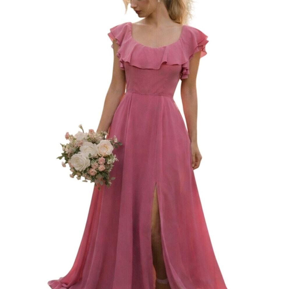 Elegant Luxe Coquette Blush Dusty Pink Formal Romantic Ruffle Maxi Dress XS/S